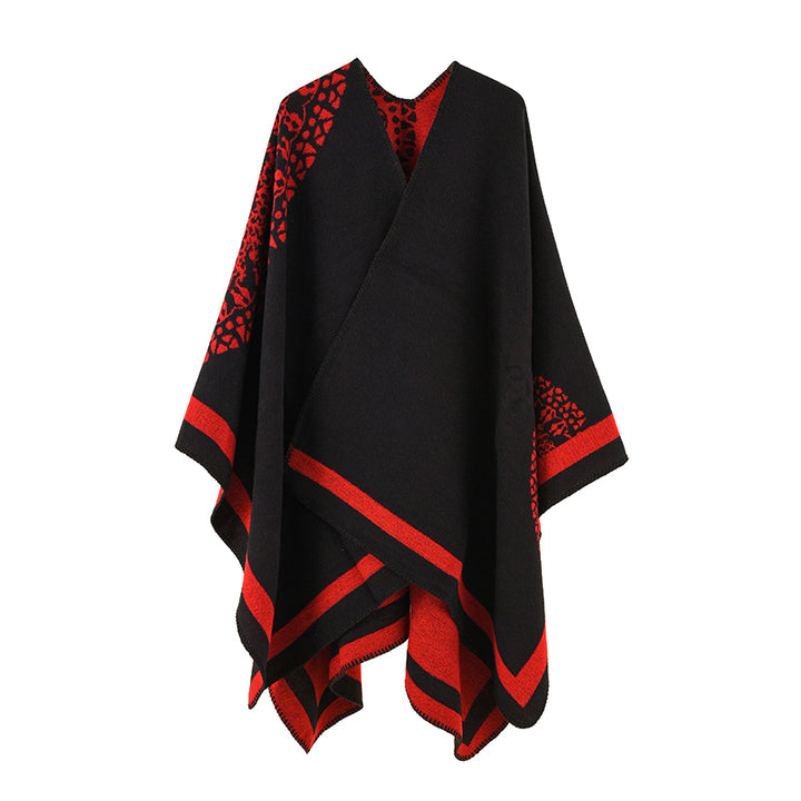 Women's Oversized Knit Poncho with Pattern Trim and Asymmetrical Hem Mune Fashion