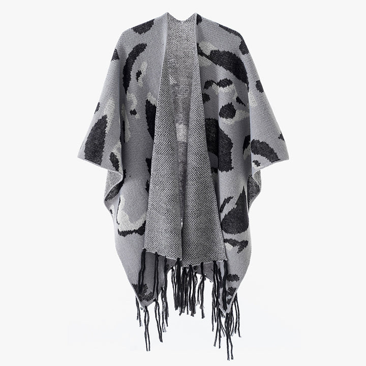 Women's Oversize Knit Poncho with Animal Jacquard and Fringe Hem Mune Fashion