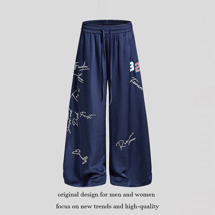 Women's Wide Satin Palazzo Lounge Pants with Elastic Waistband, Drawstring, and Script Print Mune Fashion