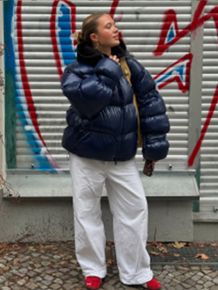 Women's Shiny Oversized Padded Jacket with Hood and High Stand-Up Collar Mune Fashion