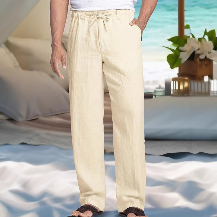 Men's Lightweight Linen-Cotton Pants with Elastic Waistband, Drawstring and Straight Leg Mune Fashion