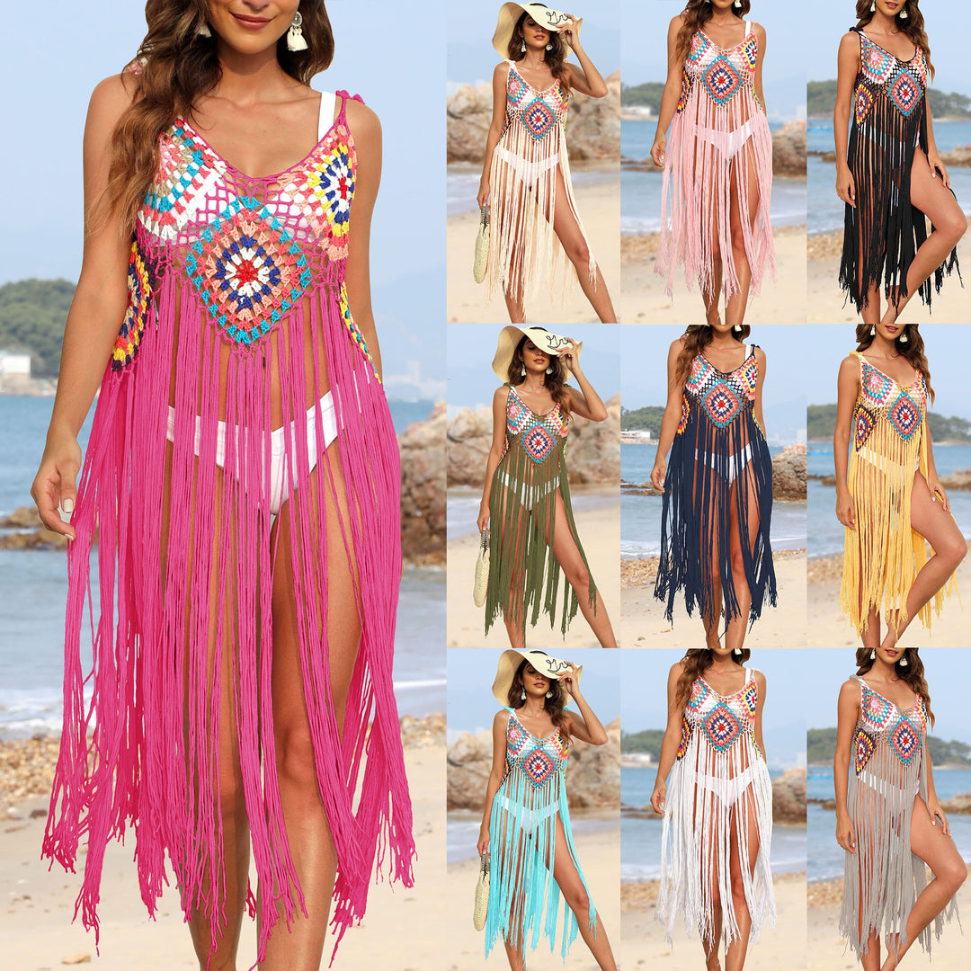 Women crocheted beach cover-up with colorful fringes Mune Fashion