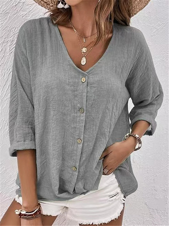 Women Loose V-Neck Blouse in Linen Look with Button Placket and Roll-Up Three-Quarter Sleeves Mune Fashion