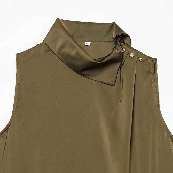 Women's Sleeveless Satin Blouse with Draped Stand Collar and Decorative Button Placket Mune Fashion