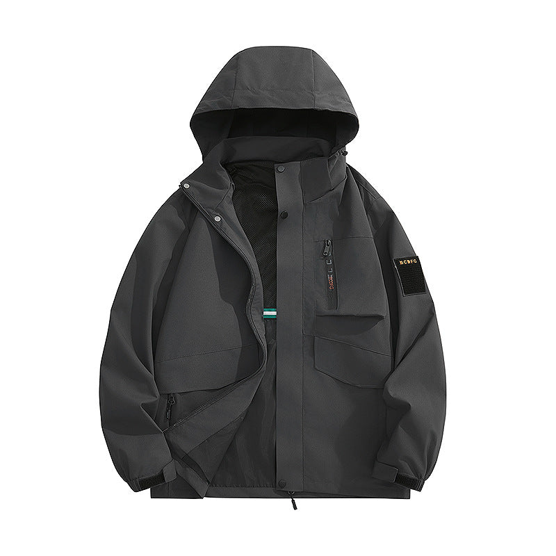 Men's multifunctional utility outdoor jacket with hood, concealed pocket flaps and wind-resistant coating Mune Fashion