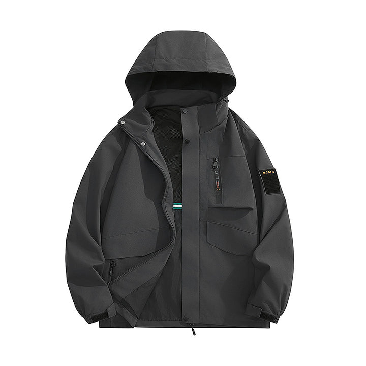 Men's multifunctional utility outdoor jacket with hood, concealed pocket flaps and wind-resistant coating Mune Fashion