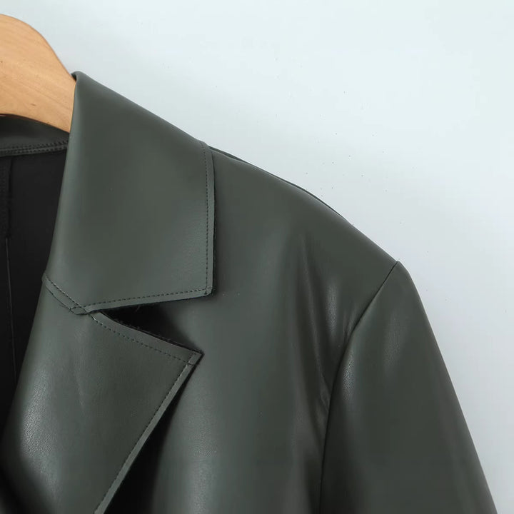 Women Tailored Short Trench Coat made of vegan leather look with tie belt and cape detail Mune Fashion