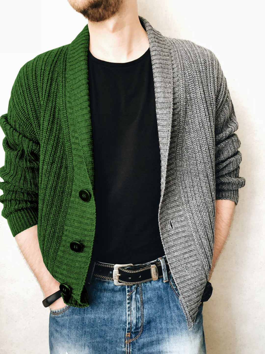 Men's chunky knit cardigan with shawl collar, ribbed texture and distinctive buttons Mune Fashion