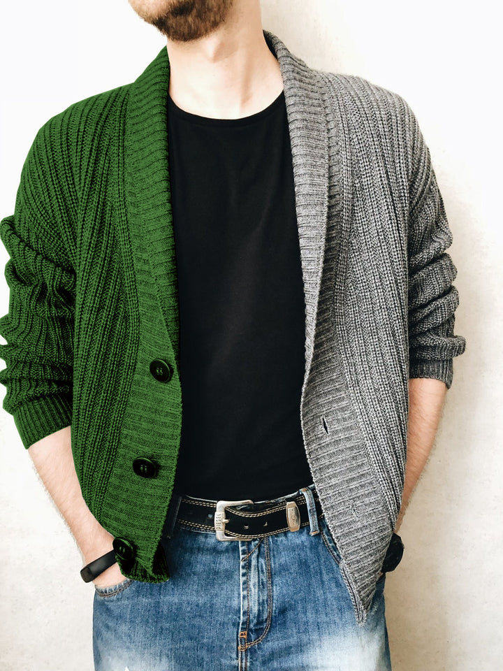 Men's chunky knit cardigan with shawl collar, ribbed texture and distinctive buttons Mune Fashion