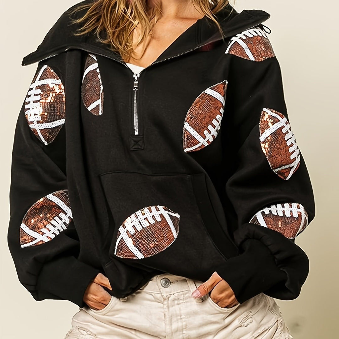 Women's Oversized Hoodie with Half Zipper and Sequin Football Application Mune Fashion