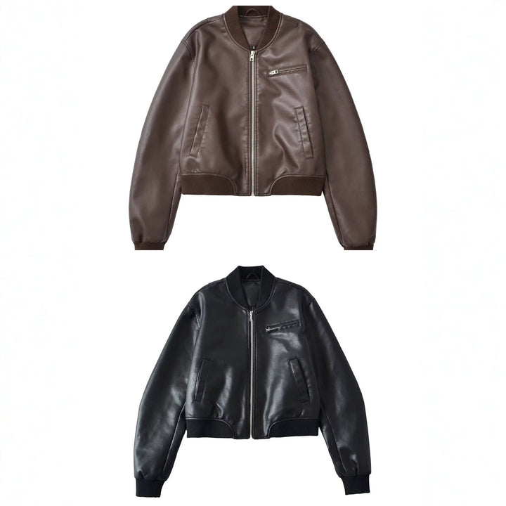Women's bomber jacket in leather look with ribbed cuffs, chest pocket, and zipper Mune Fashion