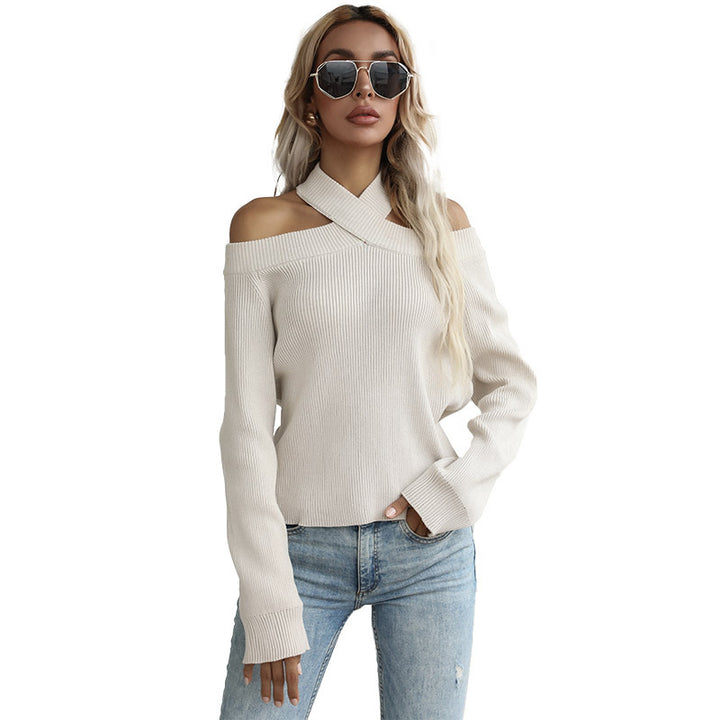 Women's Off-Shoulder Knit Top with Crossed Neck Holder and Ribbed Texture Mune Fashion