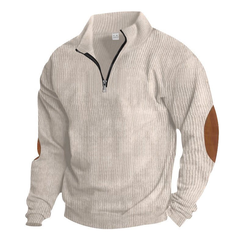 Men's knitted fine knit pullover with short zipper stand-up collar and leather-look elbow patches Mune Fashion