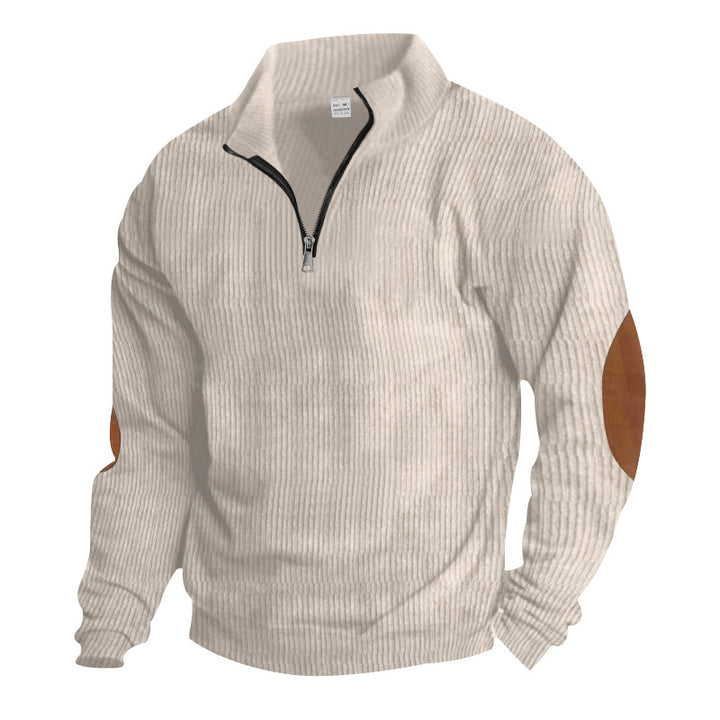 Men's knitted fine knit pullover with short zipper stand-up collar and leather-look elbow patches Mune Fashion