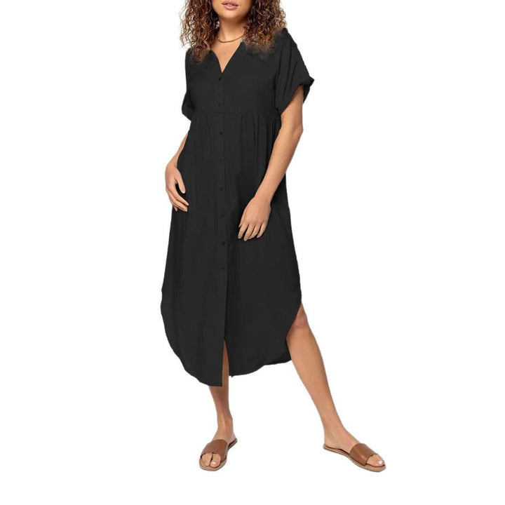 Ladies mid dress with button placket, V-neck and casual babydoll fit Mune Fashion