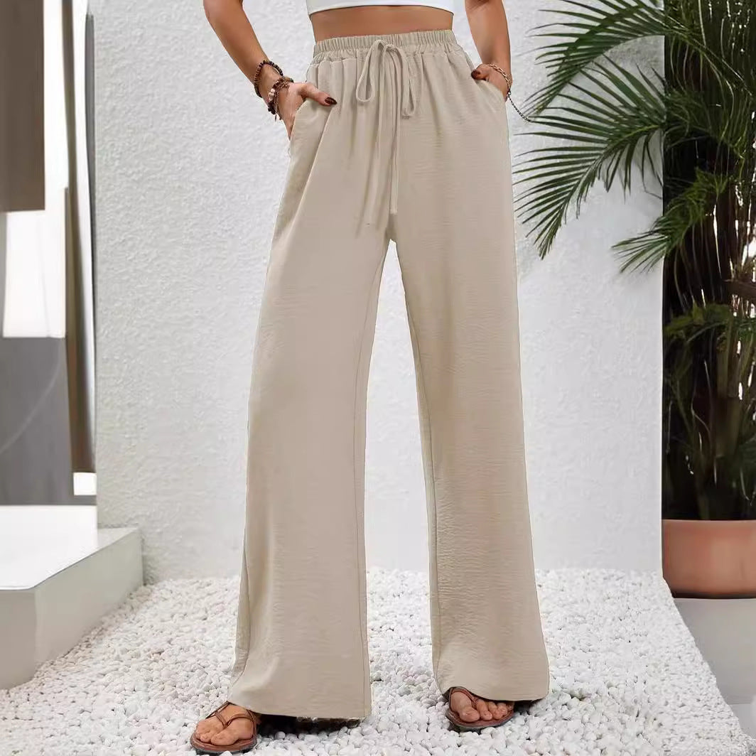 Women Wide Palazzo Pants with High Elastic Waistband, Drawstring and Side Pockets Mune Fashion