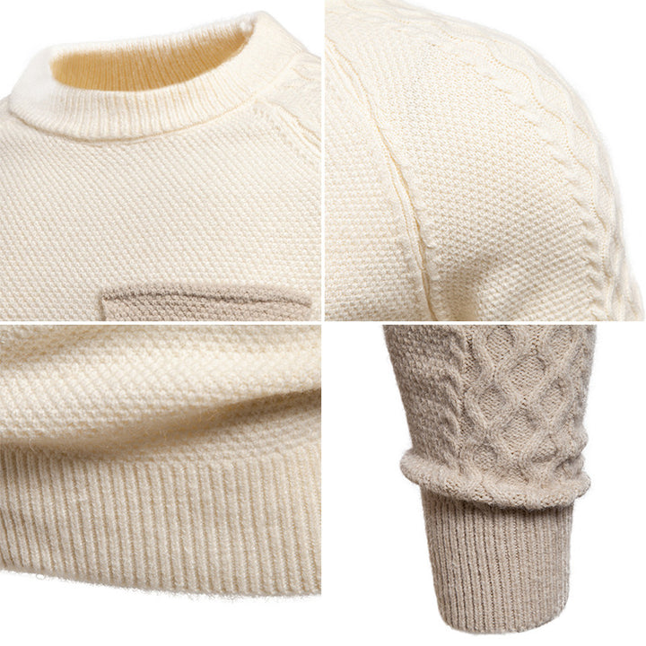 Men's pullover made of textured knit with round neck, attached chest pocket and cable pattern sleeves Mune Fashion