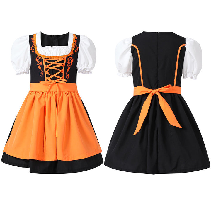 Ladies traditional Dirndl dress with laced bodice, puff sleeves and removable apron Mune Fashion