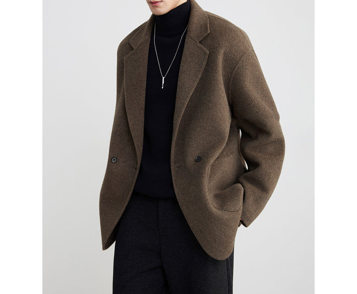 Men's Oversized Double-Breasted Wool Blend Short Coat with Patch Pockets Mune Fashion