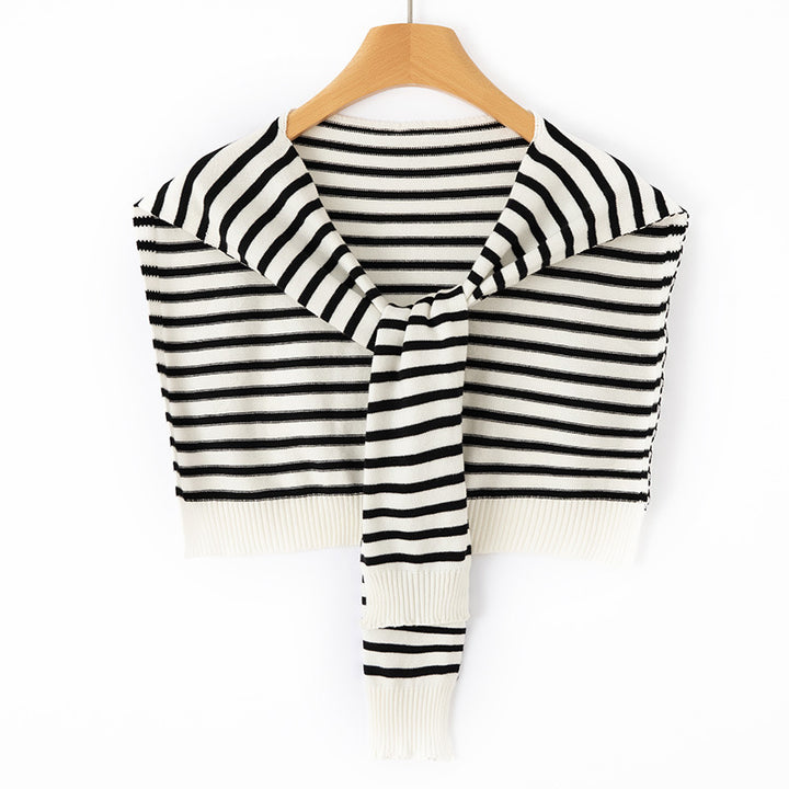 Women's Short Knitted Shoulder Cape to Tie Striped Fine Knit Wrap Stole Mune Fashion