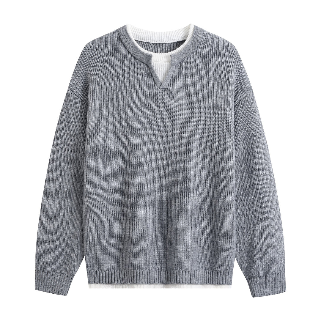 Men's Oversize Structured Knit Sweater with V-insert at Crew Neck Mune Fashion