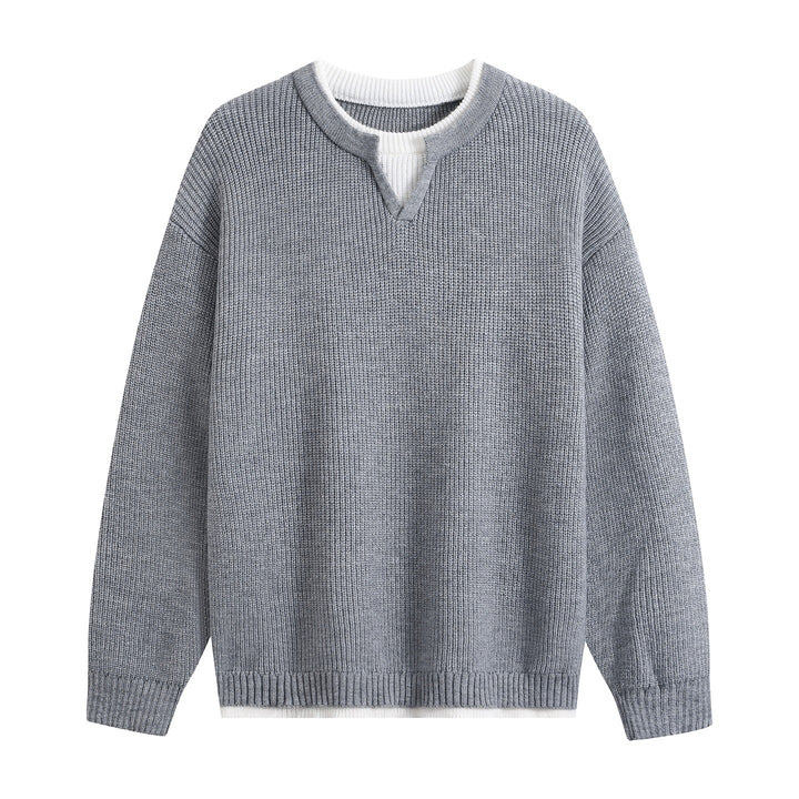 Men's Oversize Structured Knit Sweater with V-insert at Crew Neck Mune Fashion