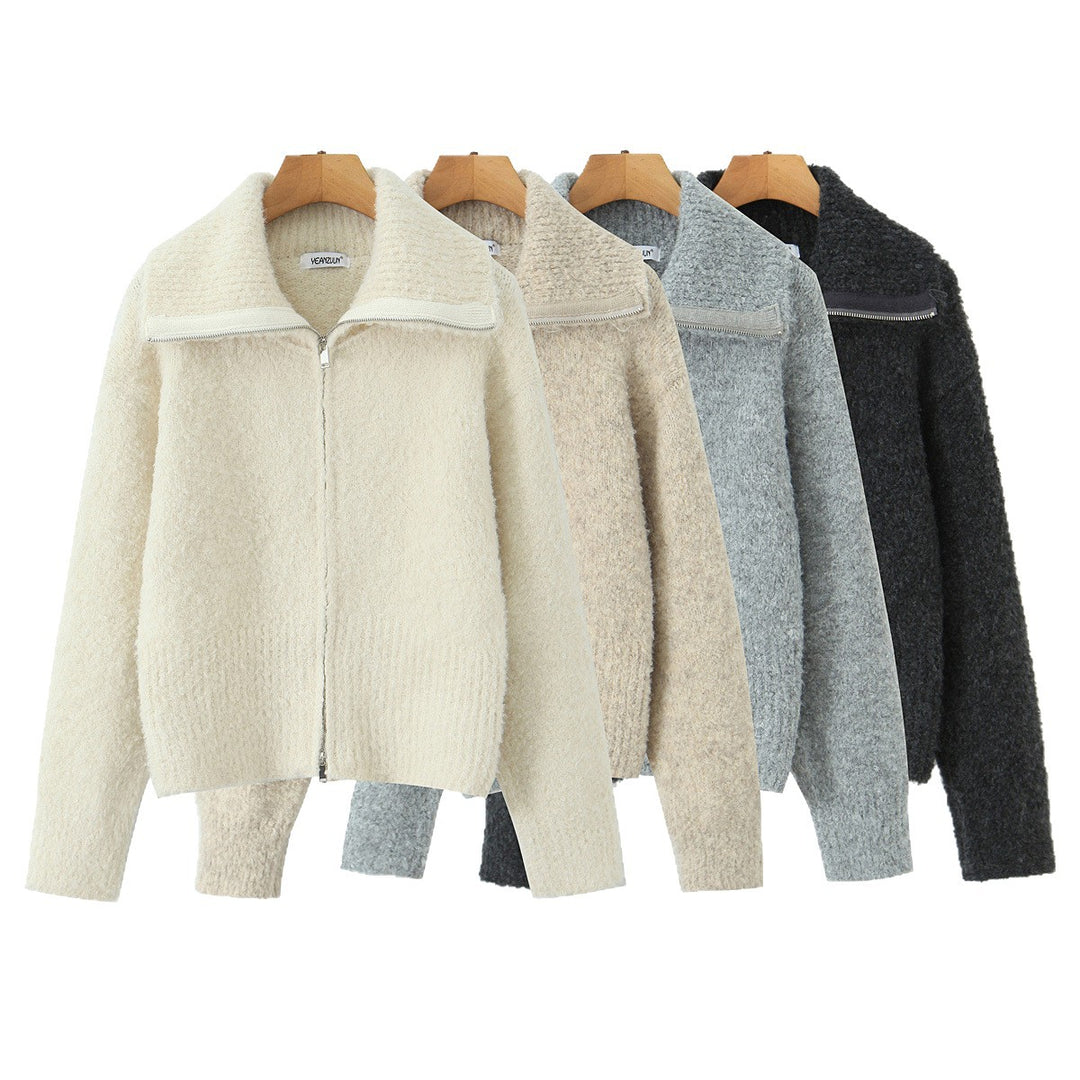 Women's short zippered cardigan with stand-up collar and ribbed hem Mune Fashion