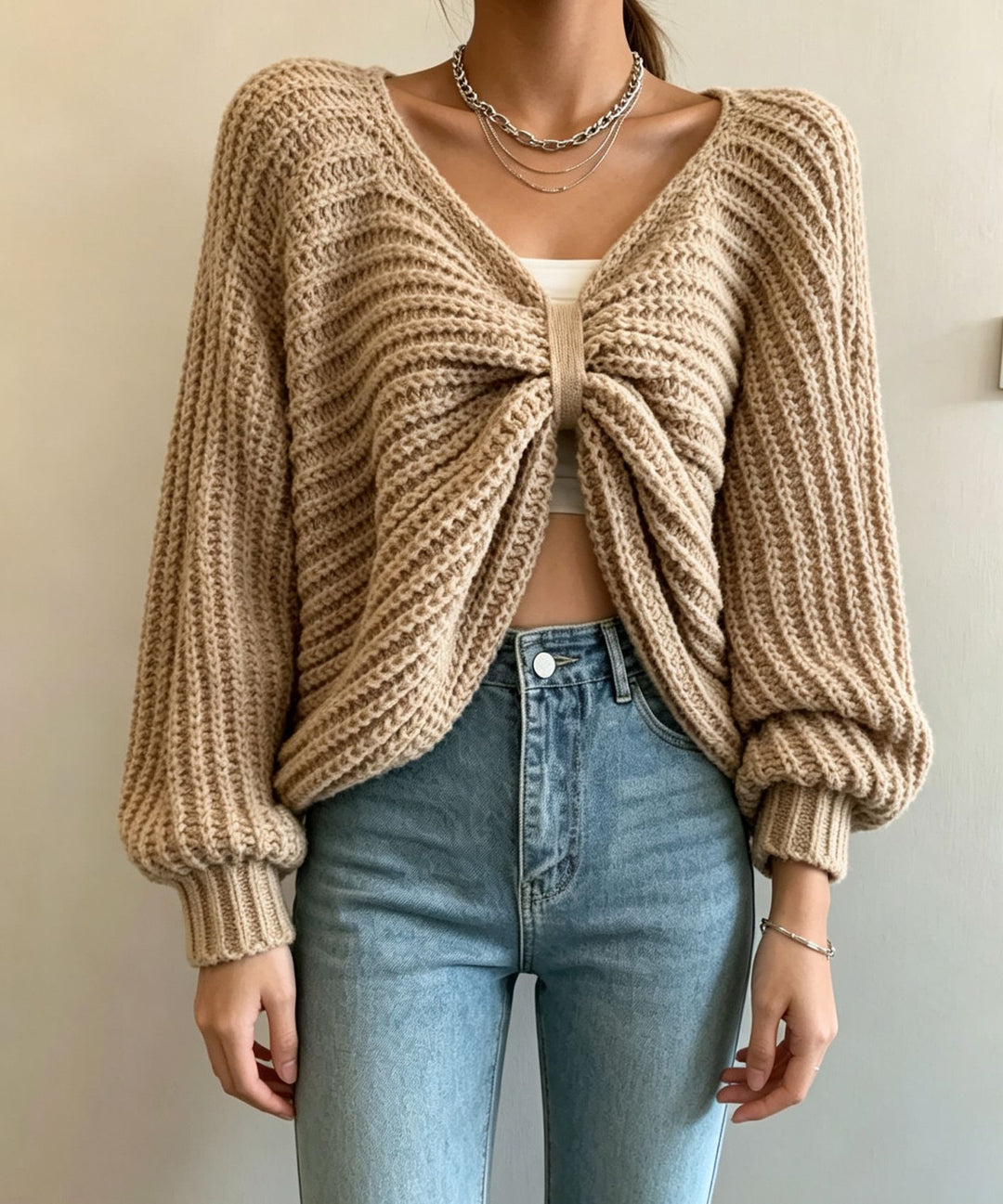Women's Cropped Knit Cardigan with Knot Detail and Balloon Sleeves Mune Fashion