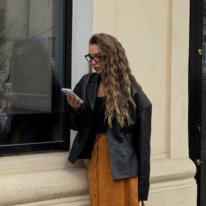 Women Fashionable Blazer-Bomber made of vegan leather imitation with double-breasted front Mune Fashion