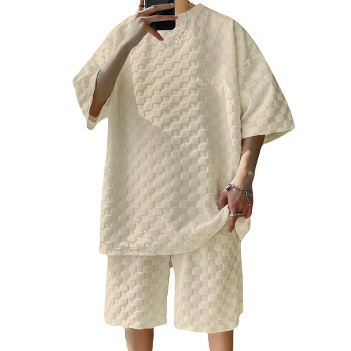 Unisex extra-large leisure set made of textured waffle quality with round neck and loose-fitting bermuda shorts Mune Fashion