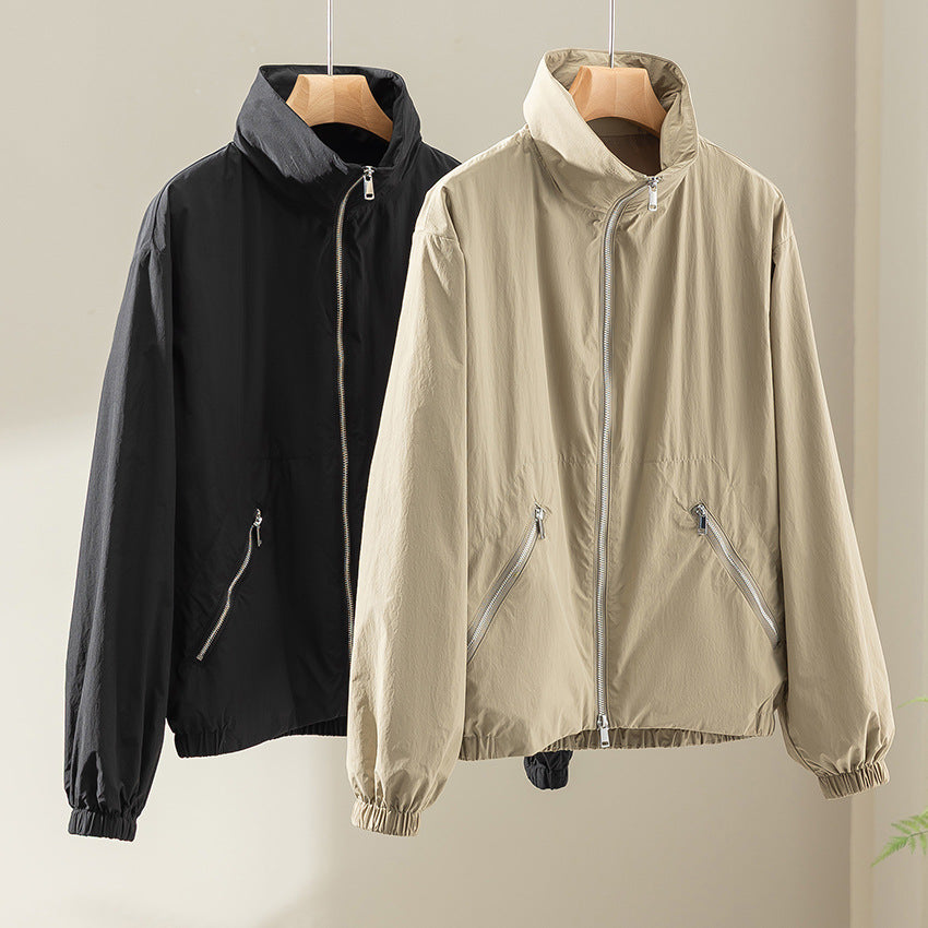Women Lightweight Nylon Utility Jacket with Stand-up Collar, Zipper Pockets and Elastic Hem Mune Fashion