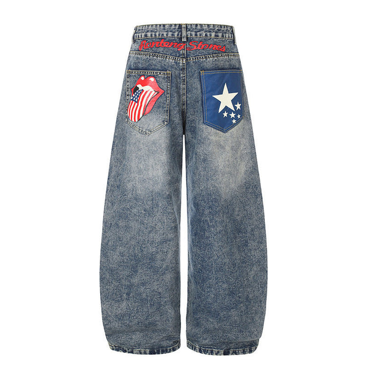 Women's High-Waist Wide Palazzo Jeans with Statement Patches and Retro Embellishments Mune Fashion