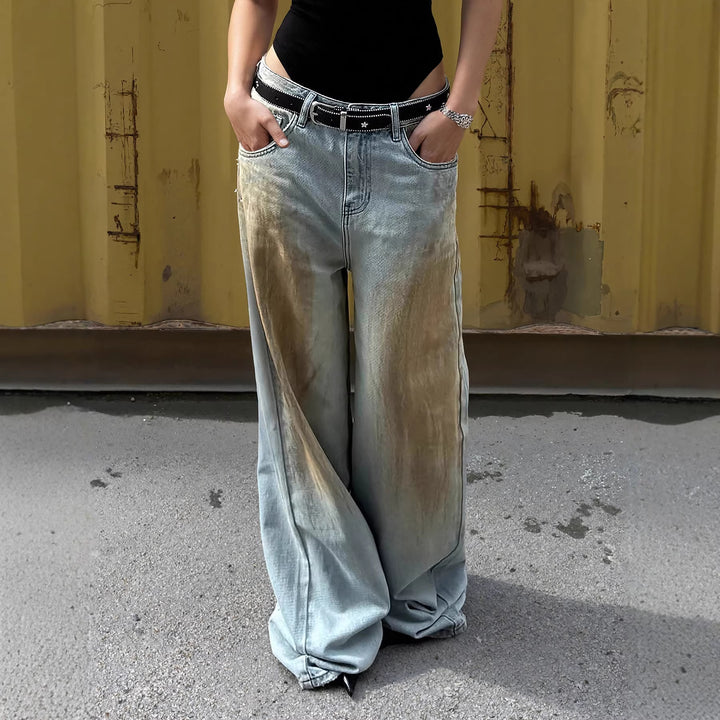 Women's Extra Wide Jeans Pants with Low Waist, Wide Flare and Used Wash Mune Fashion