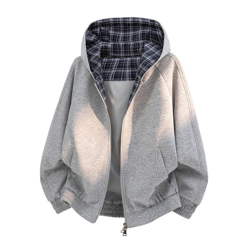 Women's casual sweat bomber with quilted check lining in hood and elastic hem Mune Fashion