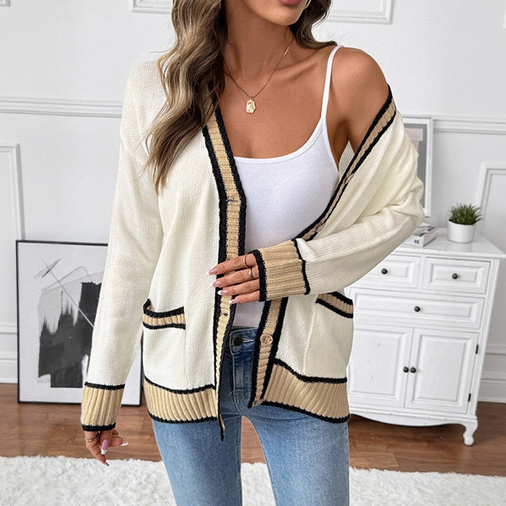 Women's Long Fine Knit Cardigan with V-Neck, Contrast Piping and Patch Pockets Mune Fashion