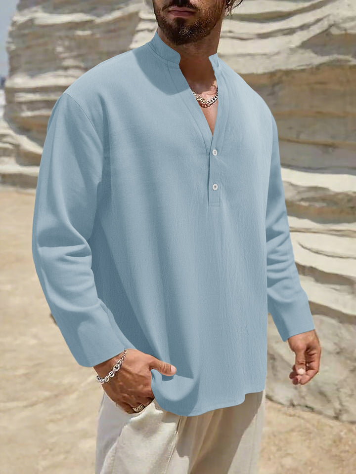 Men's Lightweight Linen Henley with Stand-up Collar and 2-Button Placket Mune Fashion