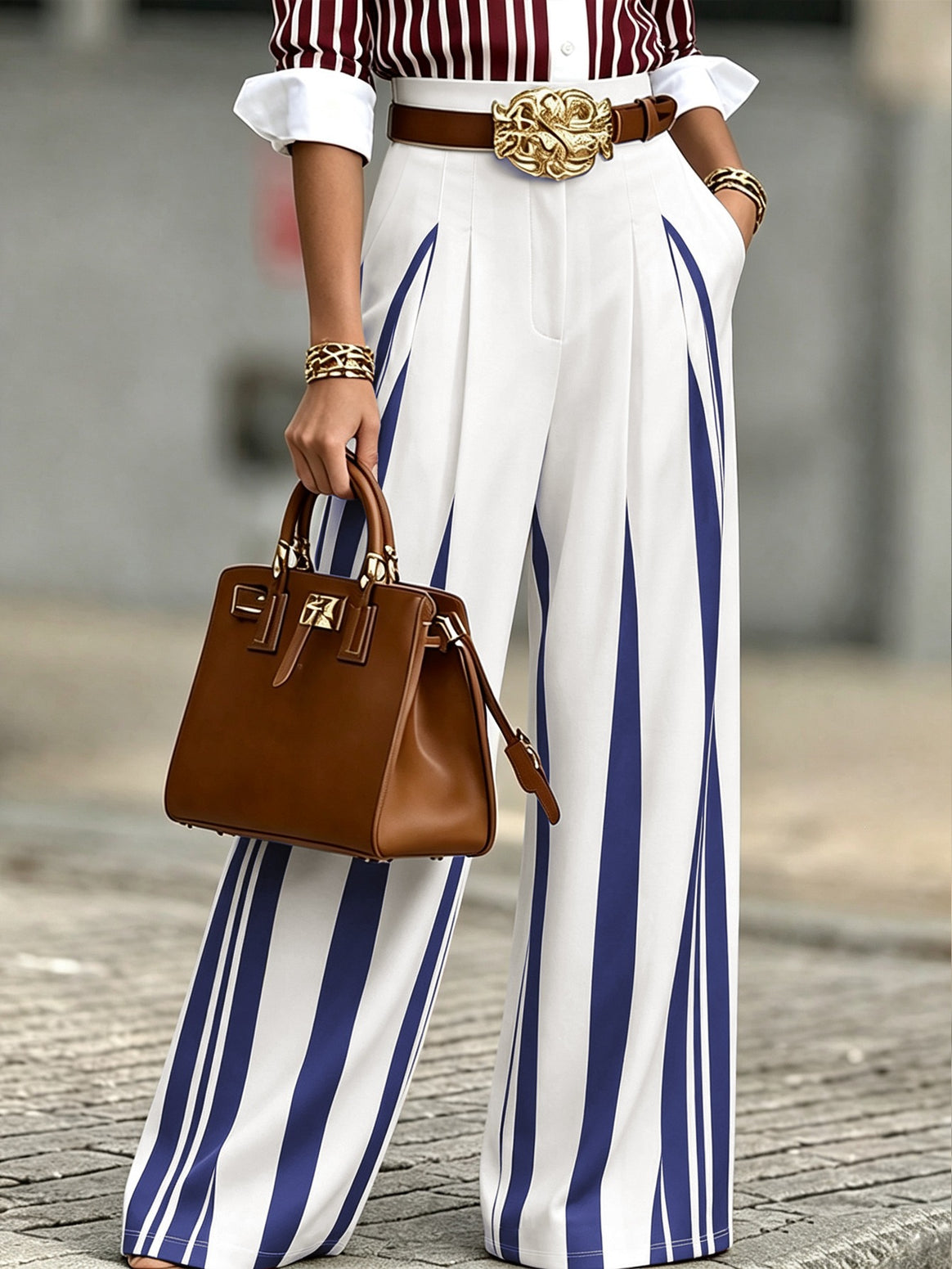 Women's High-Waisted Wide Palazzo Pants with Vertical Stripes and Pleats Mune Fashion