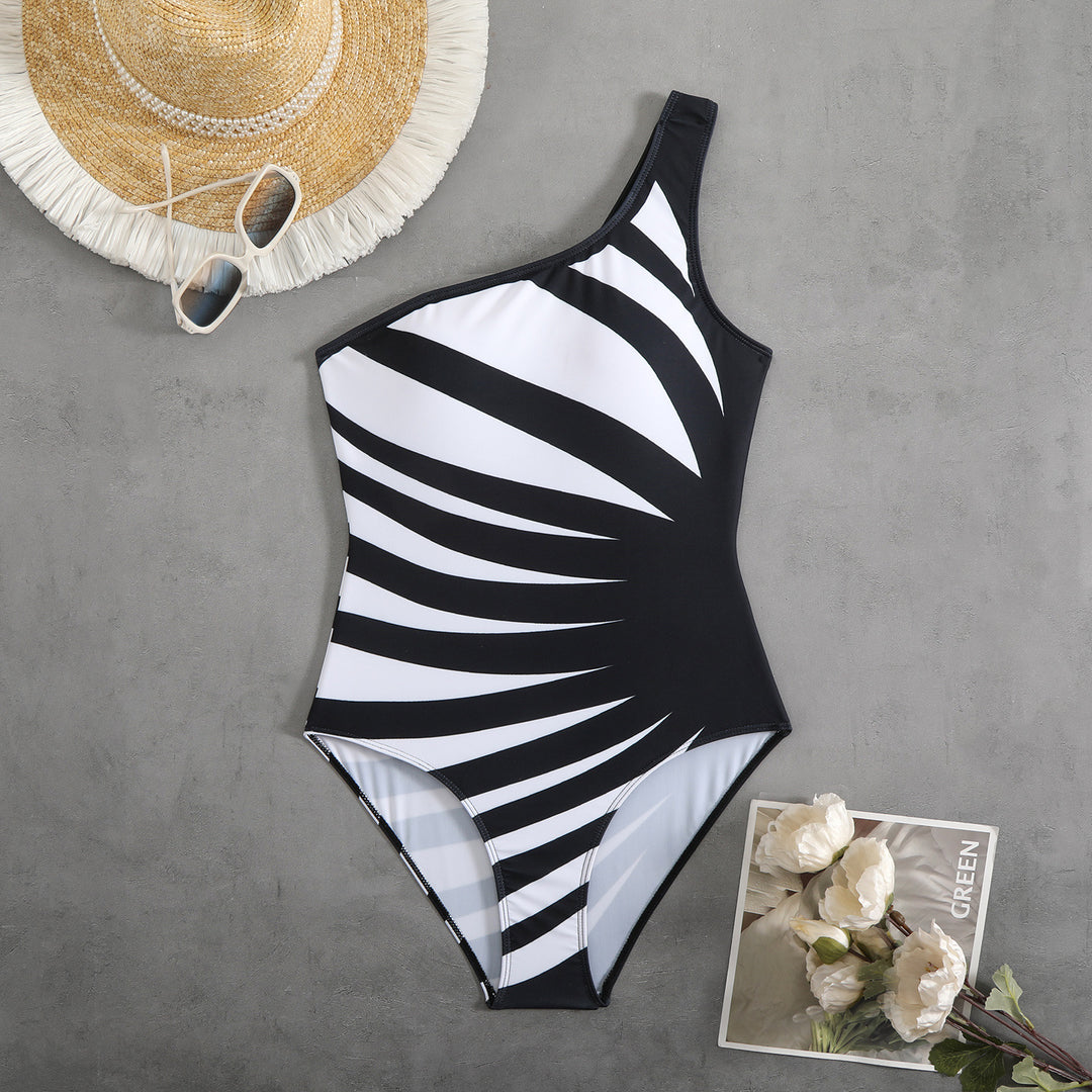 Women's One-Piece Swimsuit with Asymmetrical Design and Trendy Graphic Pattern Mune Fashion