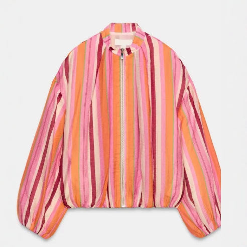 Women's Light Striped Cropped Bomber Jacket with Balloon Sleeves and Zipper Mune Fashion
