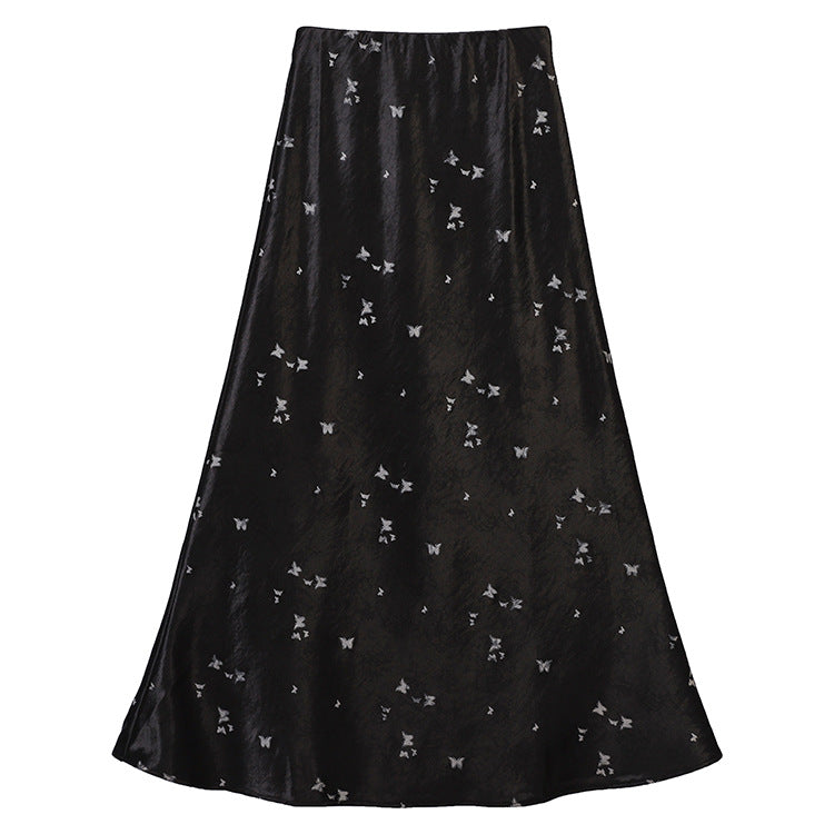 Women's A-line midi skirt in jacquard satin with floral and butterfly reliefs Mune Fashion