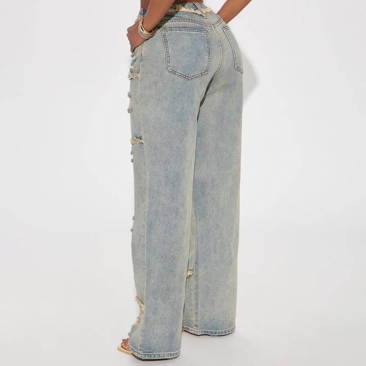 Women High Waisted Oversized Jeans with Wide Leg and Frayed Rips Mune Fashion