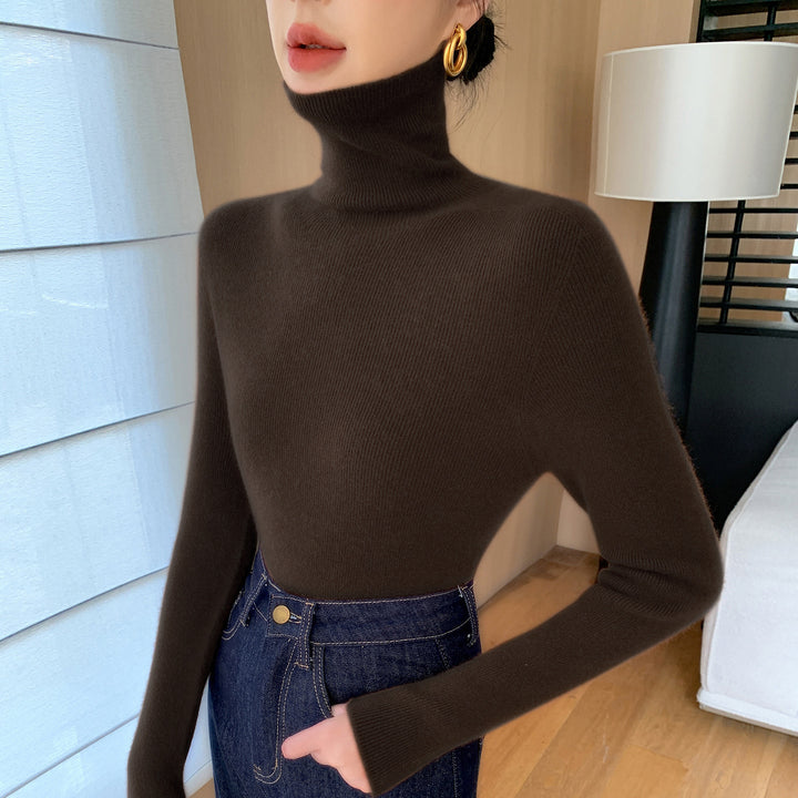 Women Slim Fine Knit Sweater with High Roll Neck and Fine Rib Structure Mune Fashion