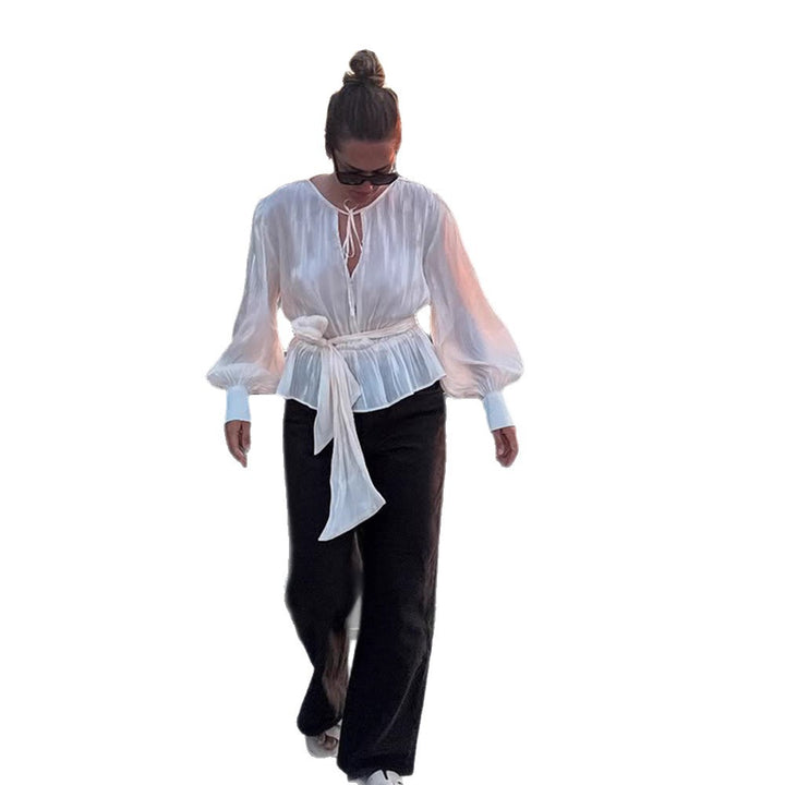 Women Elegant Wrap Blouse with Tie Belt and Voluminous Balloon Sleeves Mune Fashion
