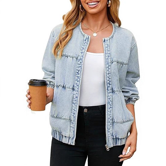 Women's bomber-style denim jacket with round neck, piping seams, and elastic hem Mune Fashion