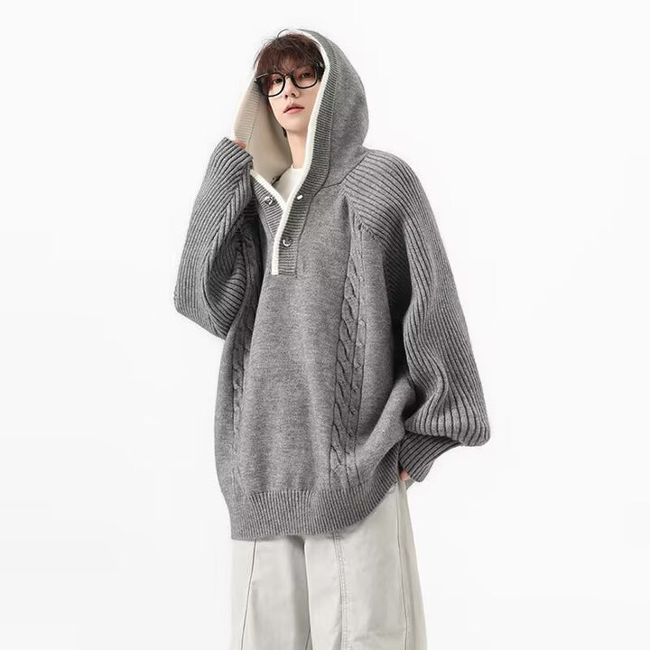 Men's chunky knit pullover with hood and button placket Mune Fashion