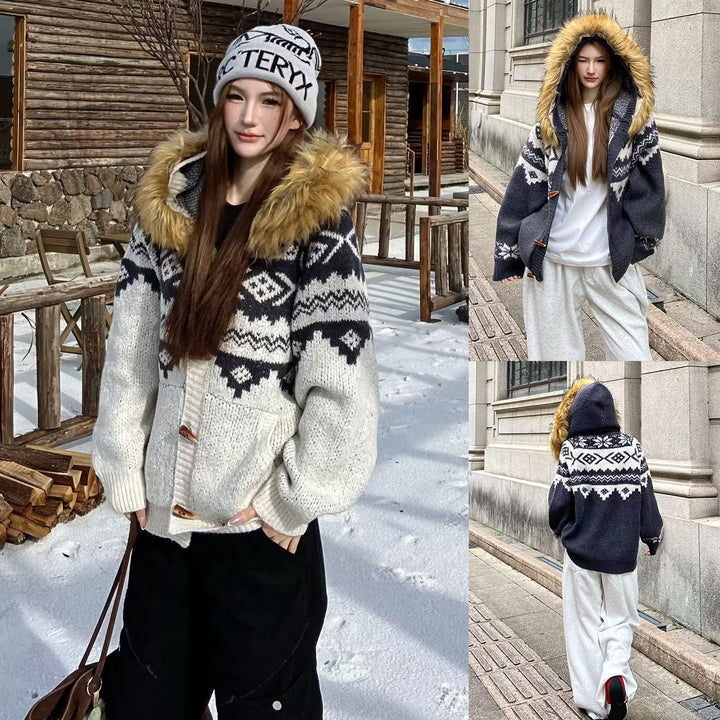 Women's Fashionable Cardigan with Hood and Faux Fur Trimmed Collar Mune Fashion