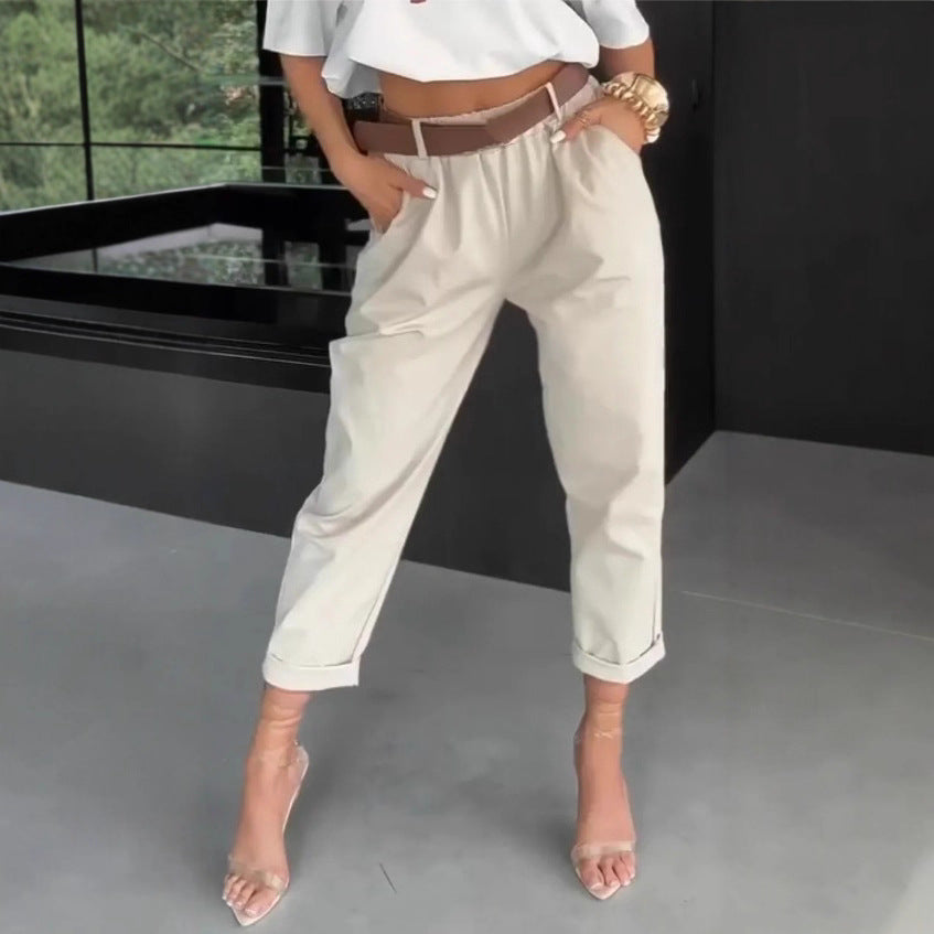 Women's high-waisted paperbag pants with gathered waistband, side pockets, and rolled hem Mune Fashion
