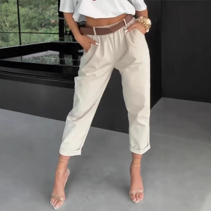 Women's high-waisted paperbag pants with gathered waistband, side pockets, and rolled hem Mune Fashion