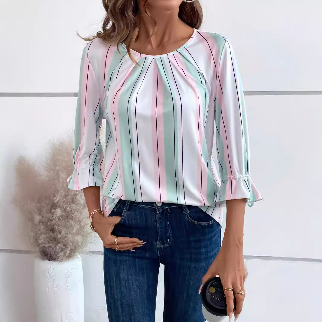 Women's lightweight striped blouse with round neckline and three-quarter sleeves with bow ties Mune Fashion
