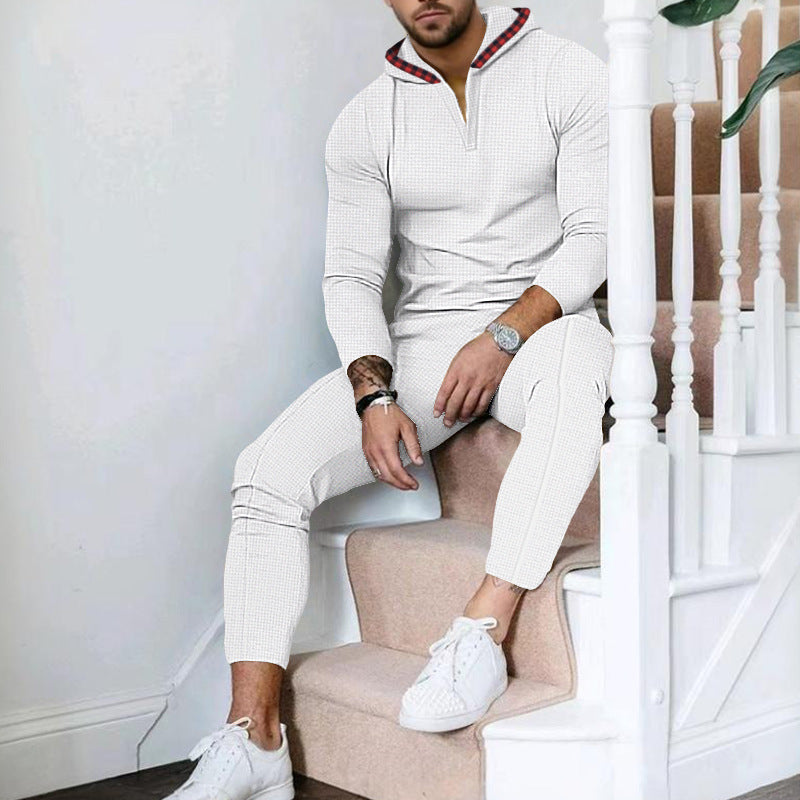 Men's Nano Slim-Fit Waffle Knit Hoodie Set with Half Zip, Contrast Lined Hood and Tapered Jogging Pants Mune Fashion